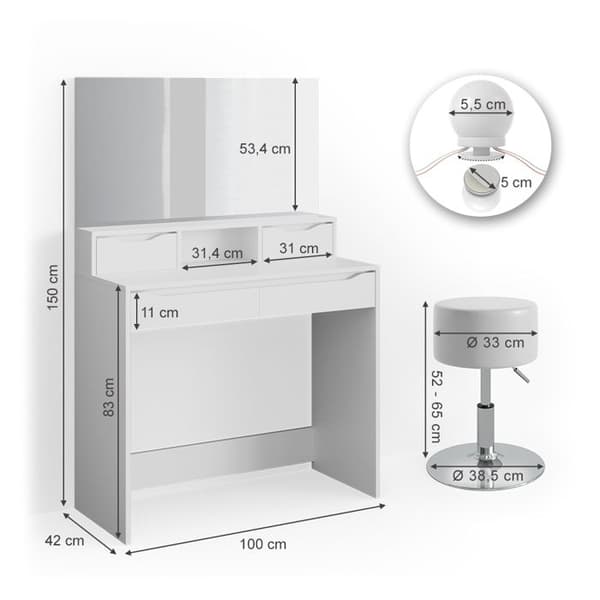 Vicco Ruben sminkbord, Vit, 100 cm med LED-belysning och pall