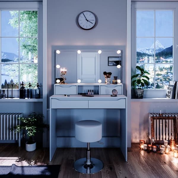 Vicco Ruben sminkbord, Vit, 100 cm med LED-belysning och pall