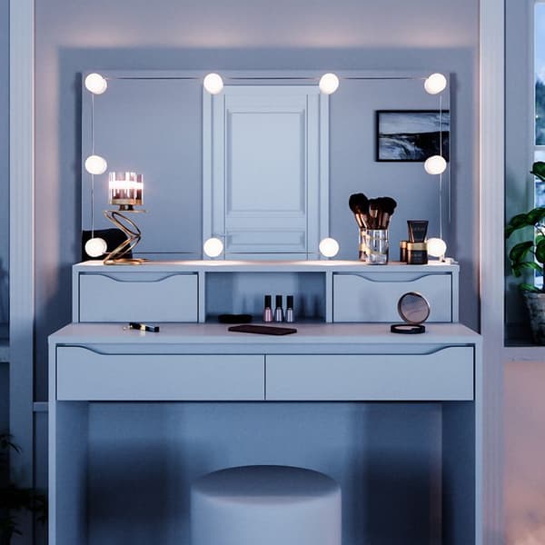 Vicco Ruben sminkbord, Vit, 100 cm med LED-belysning och pall