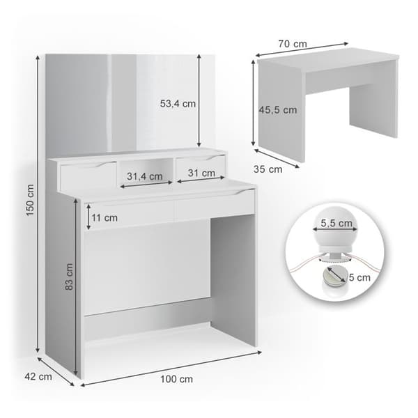 Vicco Ruben sminkbord, Vit, 100 cm med LED-belysning och bänk