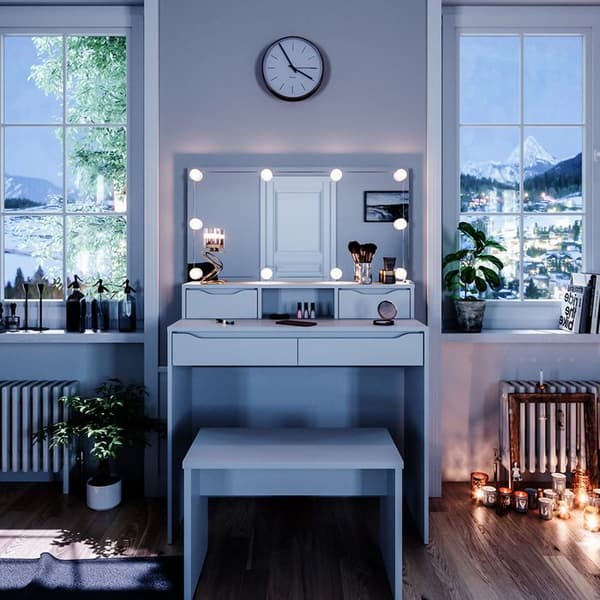Vicco Ruben sminkbord, Vit, 100 cm med LED-belysning och bänk