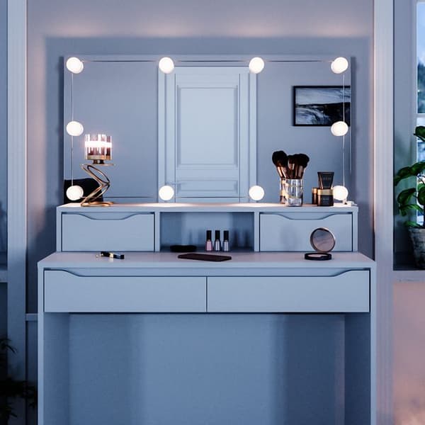 Vicco Ruben sminkbord, Vit, 100 cm med LED-belysning och bänk