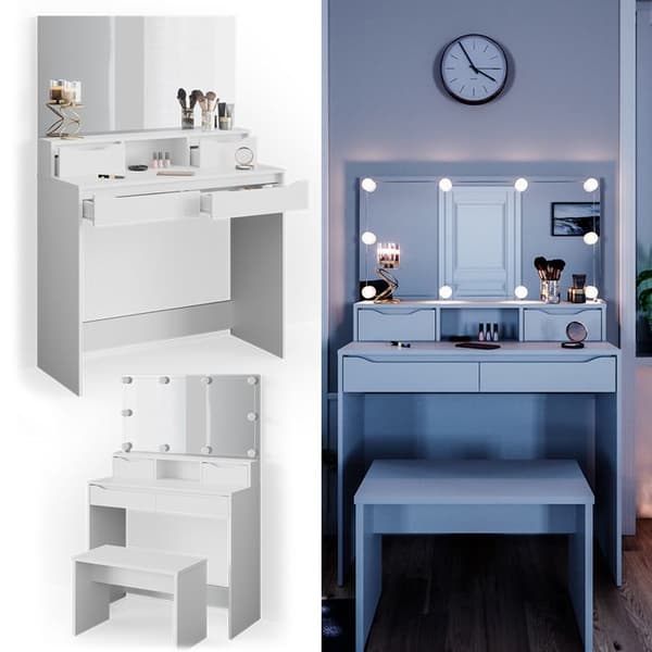 Vicco Ruben sminkbord, Vit, 100 cm med LED-belysning och bänk