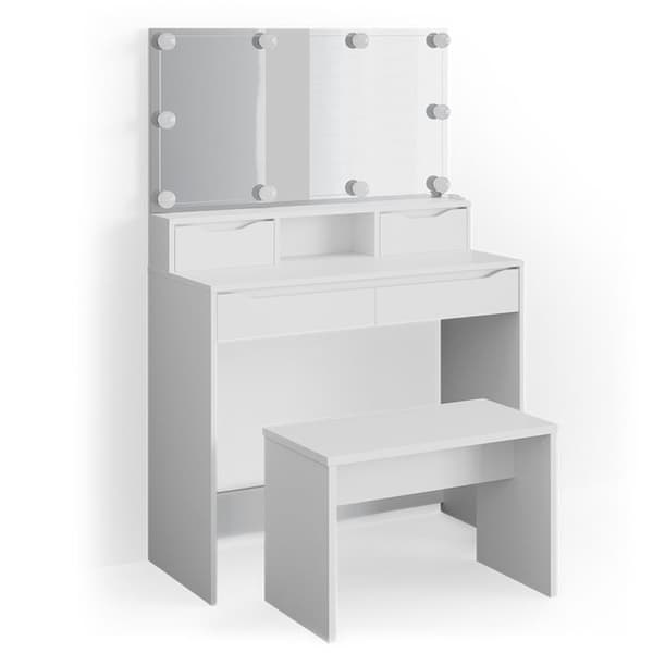 Vicco Ruben sminkbord, Vit, 100 cm med LED-belysning och bänk