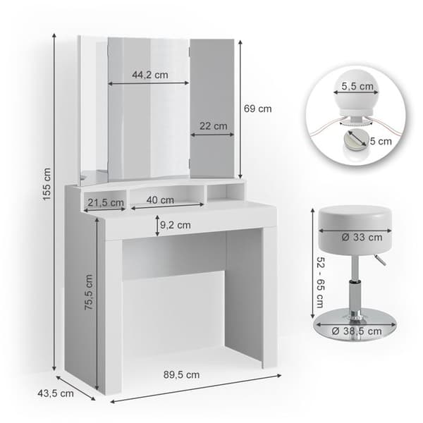 Vicco Nora sminkbord, Vit, 90 cm med LED-belysning och pall