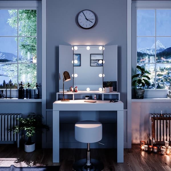 Vicco Nora sminkbord, Vit, 90 cm med LED-belysning och pall