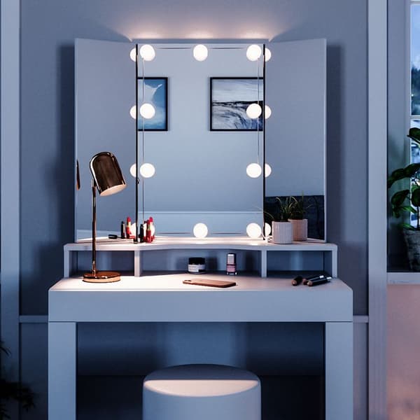 Vicco Nora sminkbord, Vit, 90 cm med LED-belysning och pall