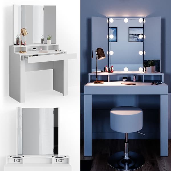 Vicco Nora sminkbord, Vit, 90 cm med LED-belysning och pall