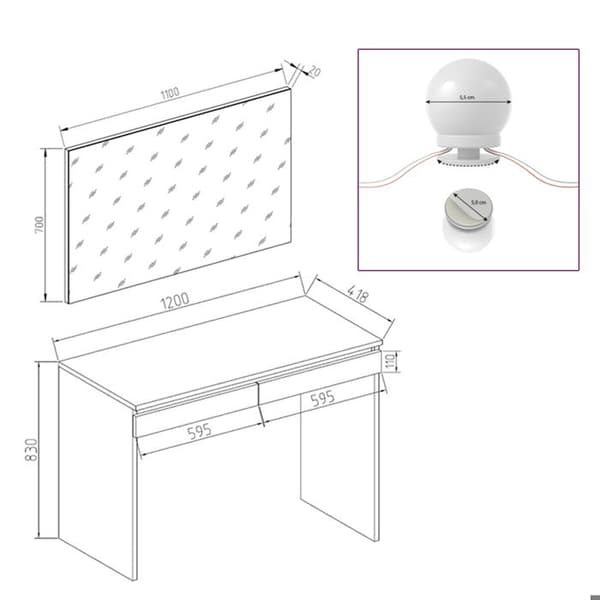 Vicco Emma sminkbord, Vit, 120 cm med LED-belysning