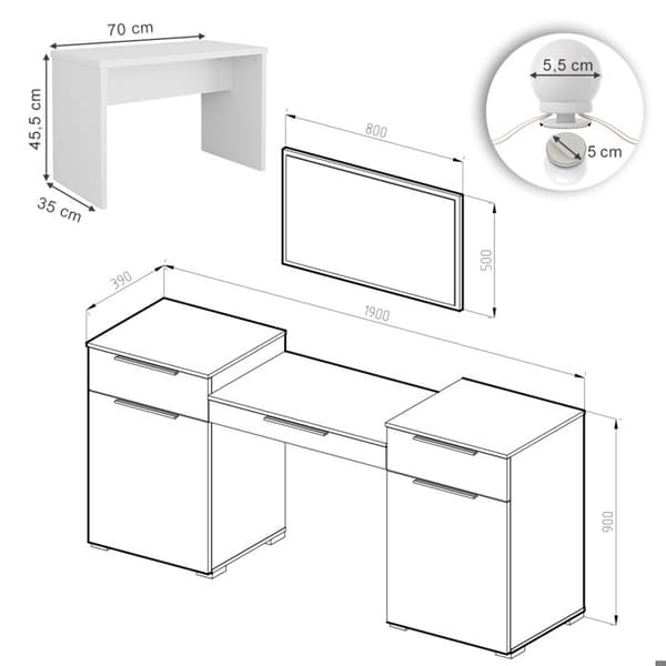Vicco Lilli sminkbord, Högblank vit, 190 cm med LED-belysning och bänk