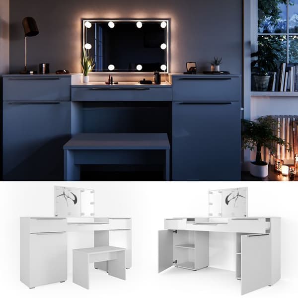 Vicco Lilli sminkbord, Högblank vit, 190 cm med LED-belysning och bänk
