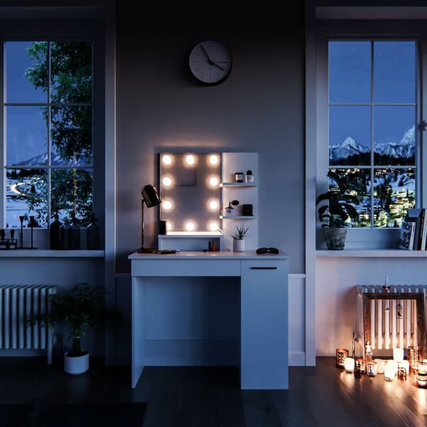 Vicco Julia sminkbord, Vit, 90 cm med LED-belysning och pall