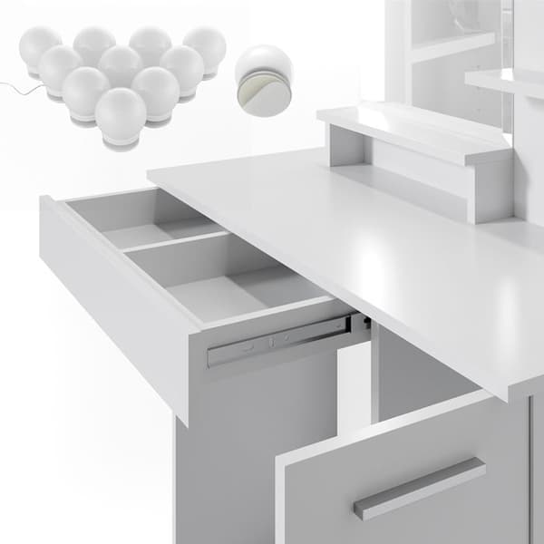 Vicco Julia sminkbord, Vit, 90 cm med LED-belysning och pall