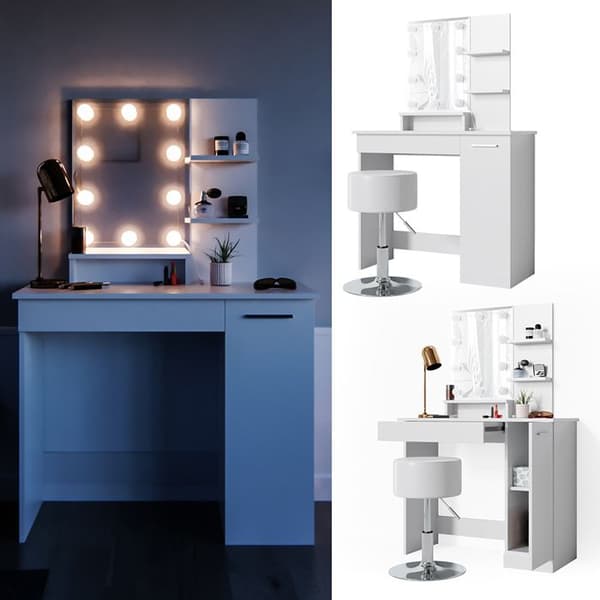 Vicco Julia sminkbord, Vit, 90 cm med LED-belysning och pall