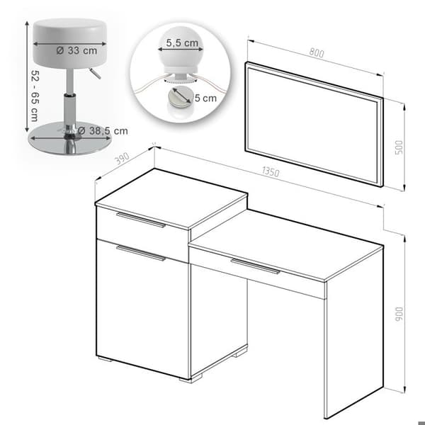 Vicco Lilli sminkbord, Högblank vit, 135 cm med LED-belysning och pall