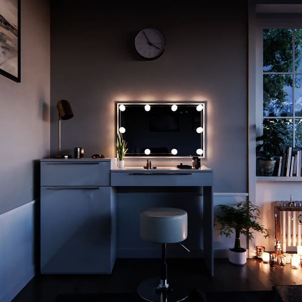Vicco Lilli sminkbord, Högblank vit, 135 cm med LED-belysning och pall
