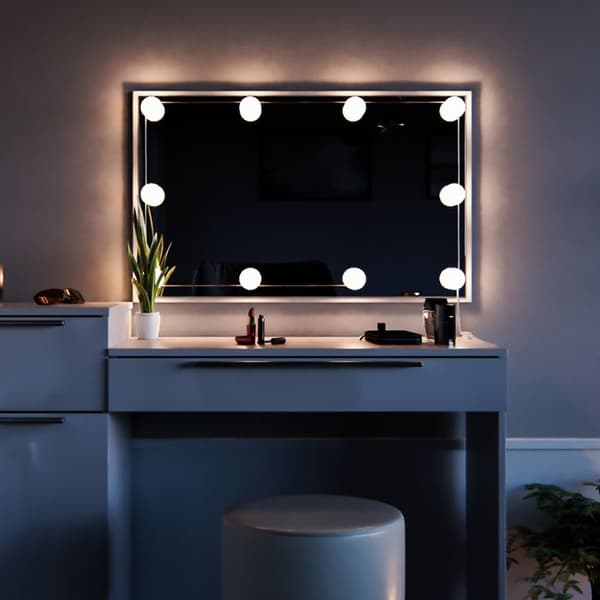 Vicco Lilli sminkbord, Högblank vit, 135 cm med LED-belysning och pall