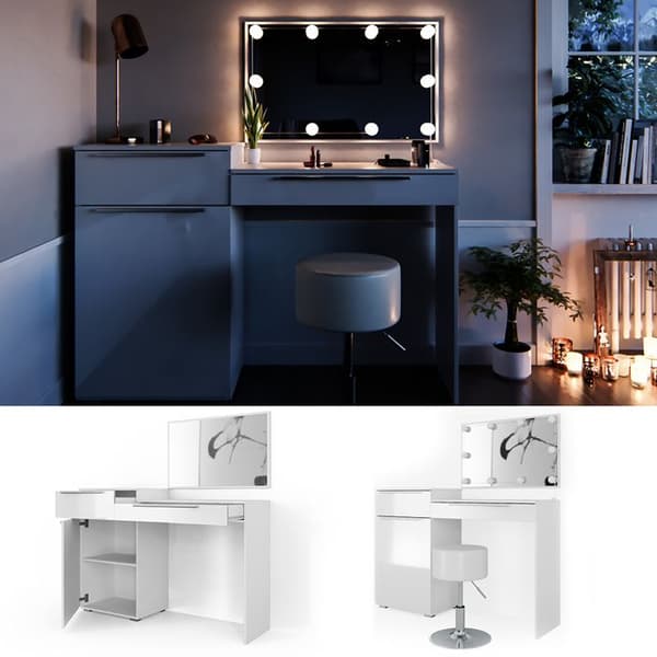 Vicco Lilli sminkbord, Högblank vit, 135 cm med LED-belysning och pall