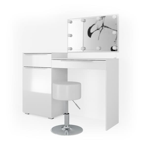 Vicco Lilli sminkbord, Högblank vit, 135 cm med LED-belysning och pall