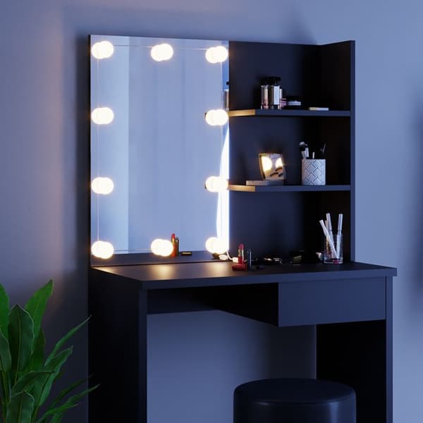 Vicco Dekos sminkbord, Svart, 75 cm med LED-belysning och pall