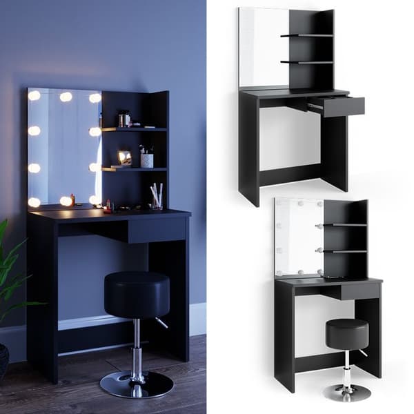 Vicco Dekos sminkbord, Svart, 75 cm med LED-belysning och pall