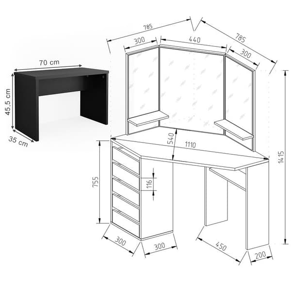 Vicco Arielle sminkbord, Svart, 110 cm med bänk