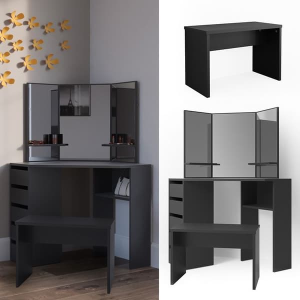 Vicco Arielle sminkbord, Svart, 110 cm med bänk