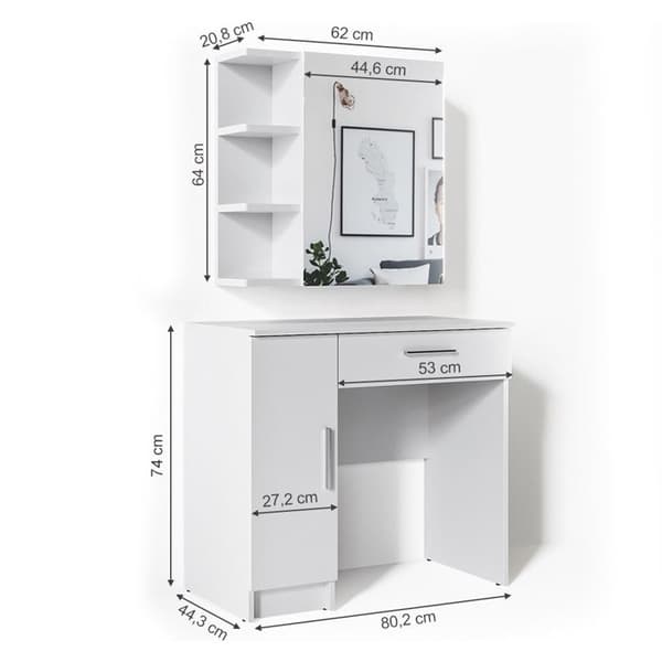 Vicco Fynnia sminkbord, Vit, 80,2 cm med LED-belysning och pall