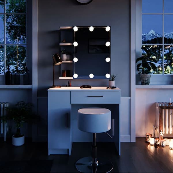 Vicco Fynnia sminkbord, Vit, 80,2 cm med LED-belysning och pall