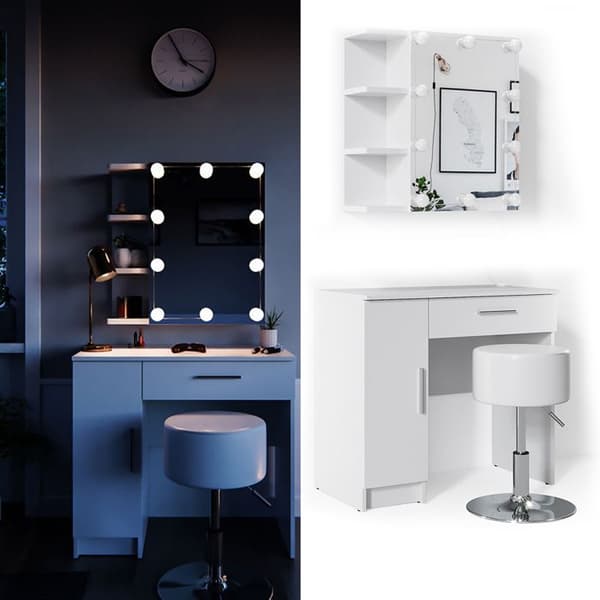 Vicco Fynnia sminkbord, Vit, 80,2 cm med LED-belysning och pall