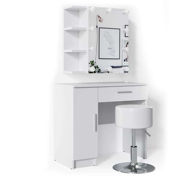 Vicco Fynnia sminkbord, Vit, 80,2 cm med LED-belysning och pall