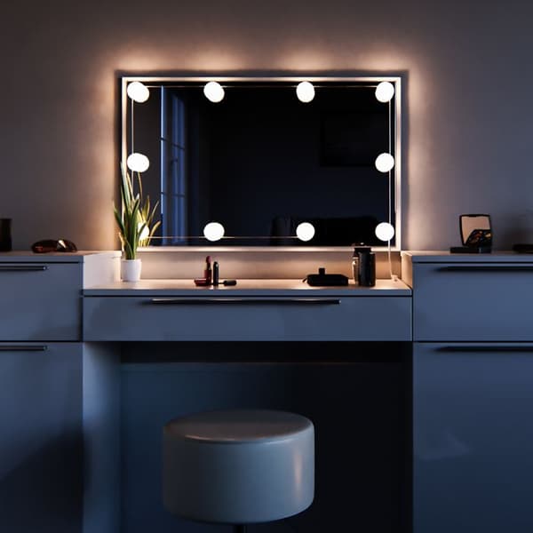 Vicco Lilli sminkbord, Högblank vit, 190 cm med LED-belysning och pall