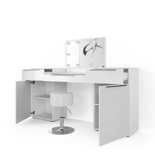 Vicco Lilli sminkbord, Högblank vit, 190 cm med LED-belysning och pall
