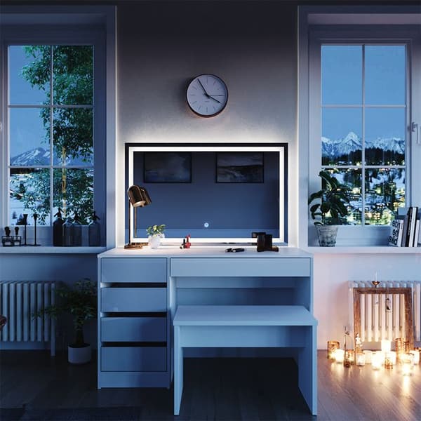 Vicco Sherry sminkbord, Högblank vit, 120 cm med LED-spegel och bänk