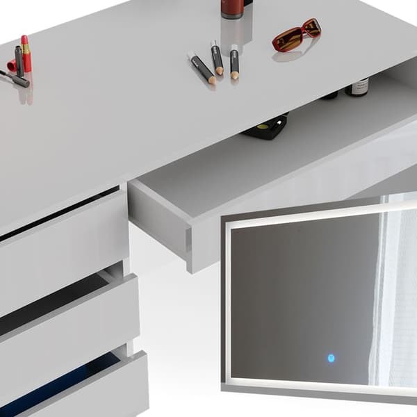 Vicco Sherry sminkbord, Högblank vit, 120 cm med LED-spegel och bänk