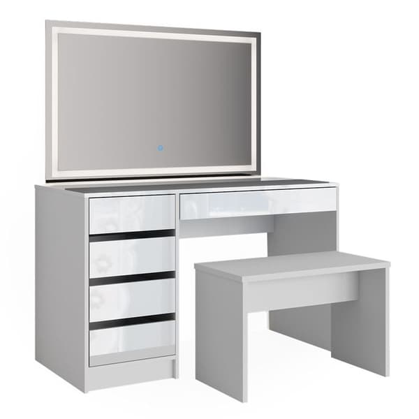 Vicco Sherry sminkbord, Högblank vit, 120 cm med LED-spegel och bänk