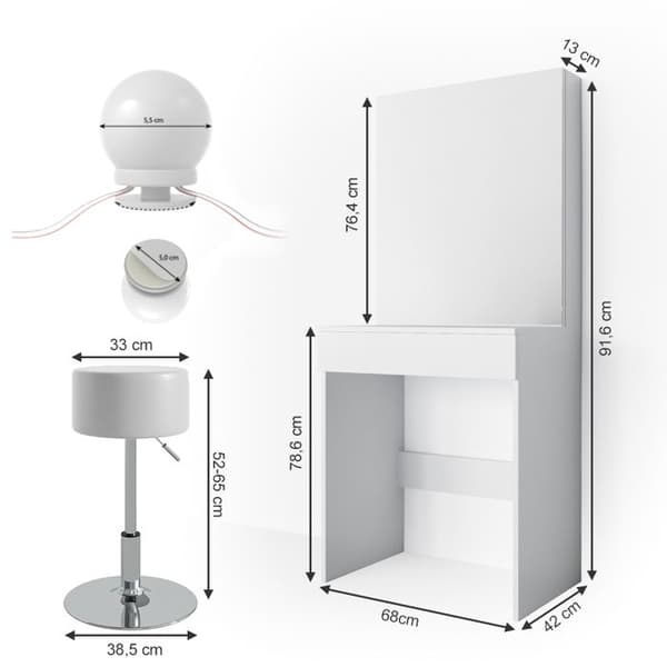 Vicco Melle sminkbord, Vit, 68 cm med LED-belysning och pall