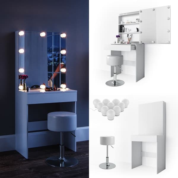 Vicco Melle sminkbord, Vit, 68 cm med LED-belysning och pall