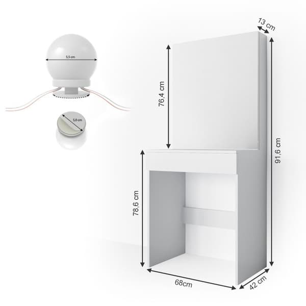Vicco Melle sminkbord, Vit, 68 cm med LED-belysning