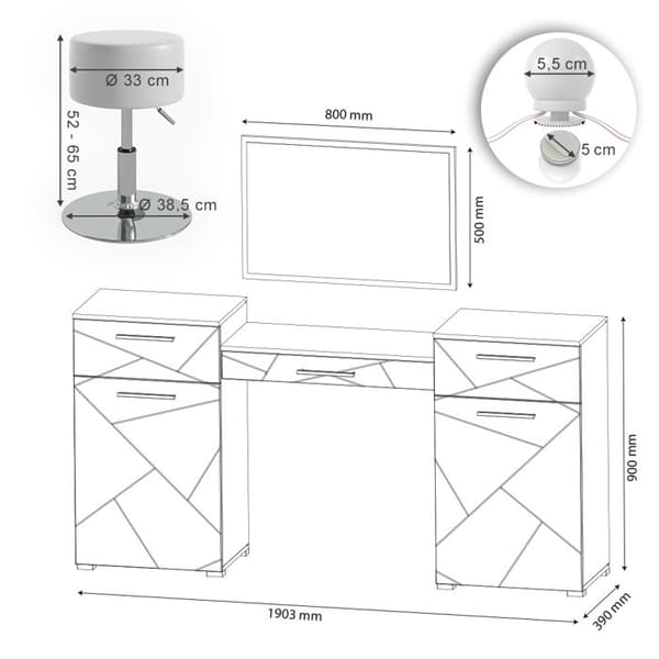 Vicco Irma sminkbord, Högblank vit, 190 cm med LED-belysning och pall