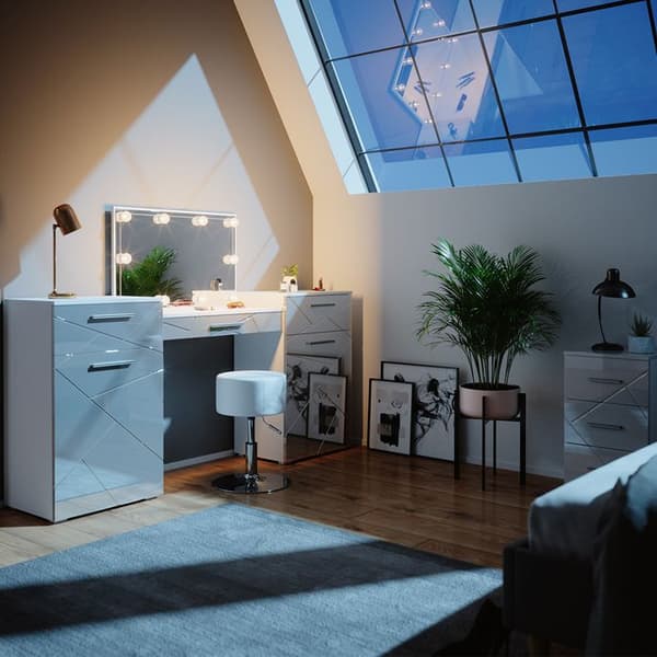 Vicco Irma sminkbord, Högblank vit, 190 cm med LED-belysning och pall
