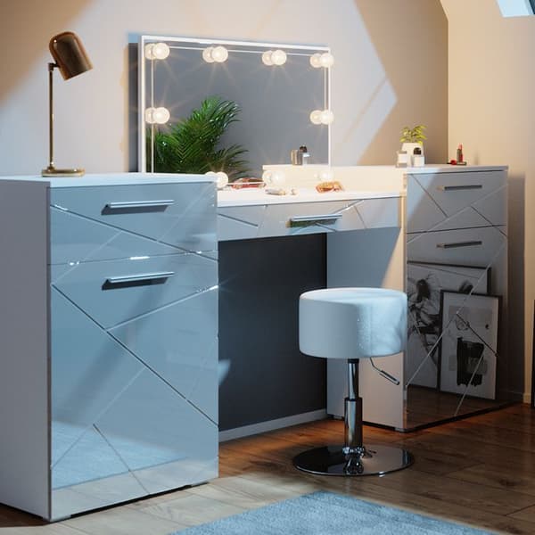 Vicco Irma sminkbord, Högblank vit, 190 cm med LED-belysning och pall