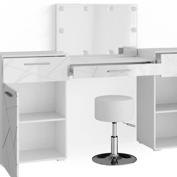Vicco Irma sminkbord, Högblank vit, 190 cm med LED-belysning och pall