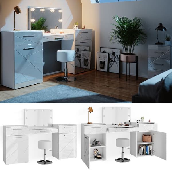 Vicco Irma sminkbord, Högblank vit, 190 cm med LED-belysning och pall