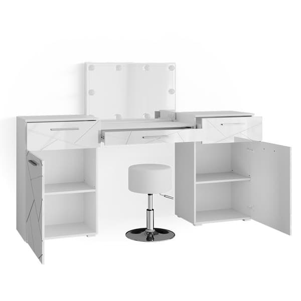 Vicco Irma sminkbord, Högblank vit, 190 cm med LED-belysning och pall