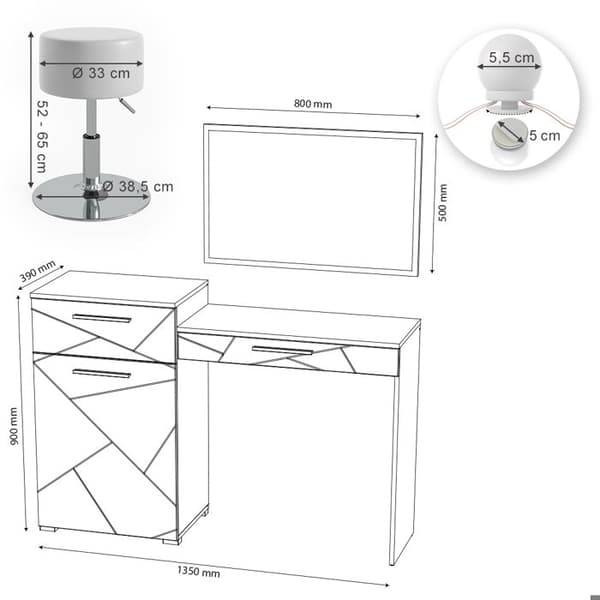 Vicco Irma sminkbord, Vit, 135 cm med LED-belysning