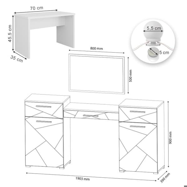 Vicco Irma sminkbord, Högblank vit, 190 cm med LED-belysning och bänk