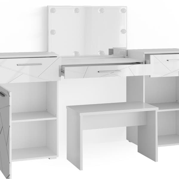 Vicco Irma sminkbord, Högblank vit, 190 cm med LED-belysning och bänk