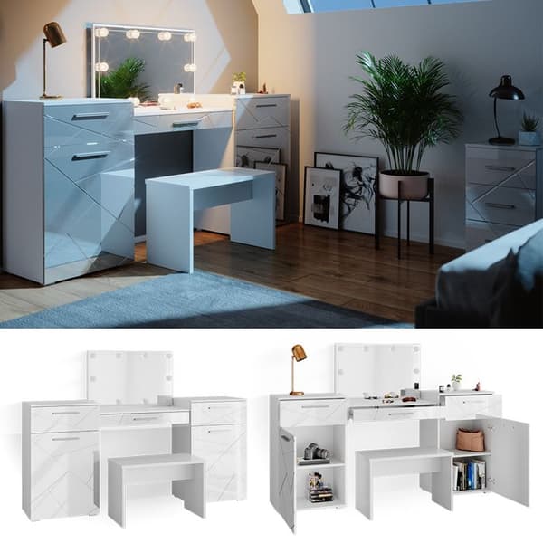 Vicco Irma sminkbord, Högblank vit, 190 cm med LED-belysning och bänk