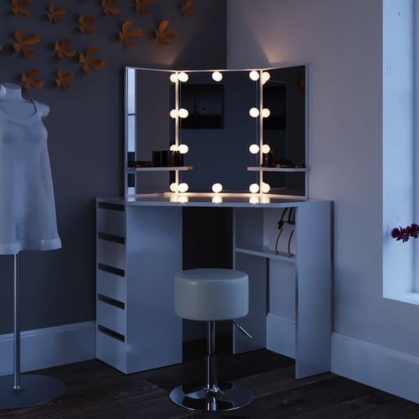 Vicco Arielle sminkbord, Vit, 110 cm med LED-belysning och pall
